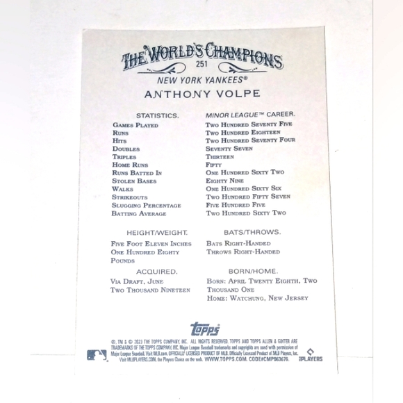 Anthony Volpe Rookie Card Topps Allen & Ginter 2023 #251 - Picture 2 of 2